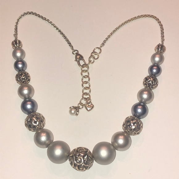 Brighton Corteo Silver Tone Gray Faux Pearl Boho Beaded Classic Necklace - Picture 2 of 5